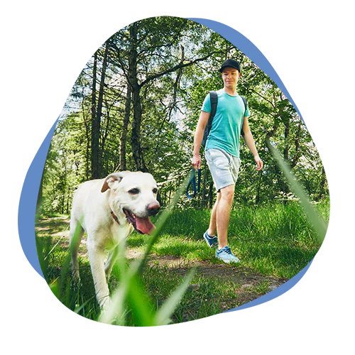 Ein Mann geht mit seinem Hund im Wald spazieren