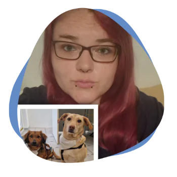 Junge Frau mit roten Haaren und Brille sowie 2 Hunden